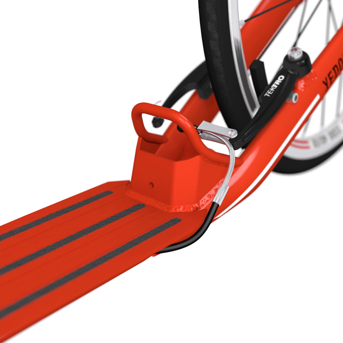 Adhesive anti-slip tapes, practical dropout, narrowed rear fork and bowden cable guided inside the frame.