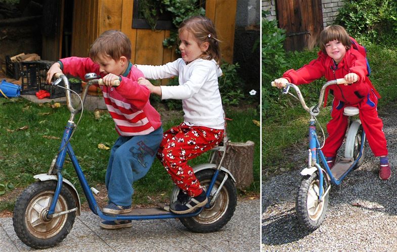 "Dieses blaue Wunder mit Sitz habe ich in zwei Teilen bekommen, wir mussten sie zusammenschweißen, bevor ich fahren konnte", sagt Pavel. Doch der Roller funktionierte noch vor kurzem, und eine weitere Generation von Kindern konnte auf ihm fahren. 