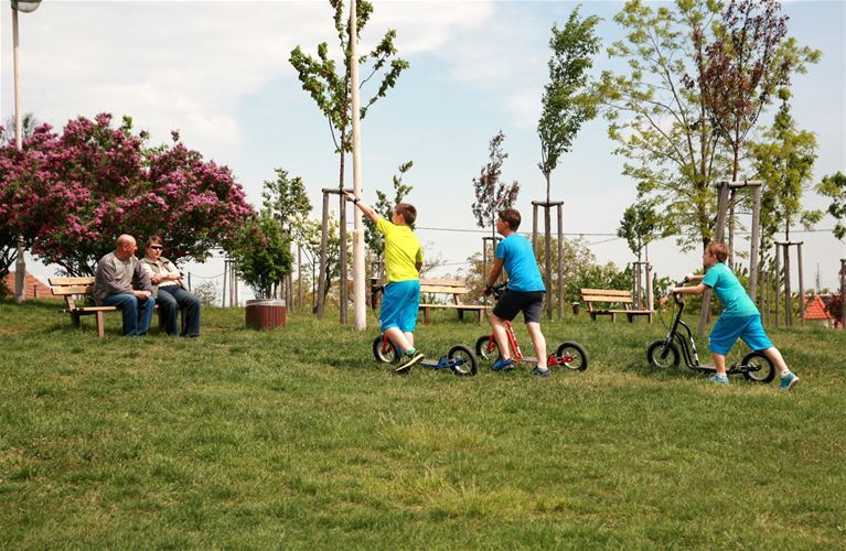 Boys on scooters exploring the area.