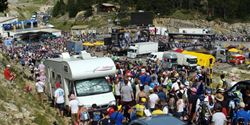 Hard moment after the end of the race, in order to be able to complete the ascent to Mont Ventoux we have to fight our way through crowds of fans going down.