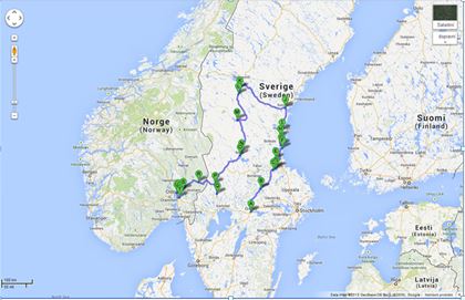 Mapa s vyznačenou trasou Zdeňkova skandinávského dobrodružství. 