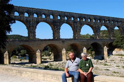 Stand on the way to Narbonne by the Pont du Gard aqueduct built in the period of the ancient Roman civilization.