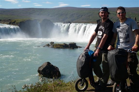 David Ceccarelli (on the left) and Andrea Gesmundo in front of one of the most spectacular Icelandic waterfall, Godafoss (the fall of Gods).