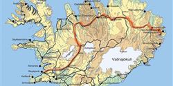 The map of Iceland with the marked track of the expedition. In order to travel the distance of 800 km in the originally planned 16 days, they rode at least 9 hours per day.