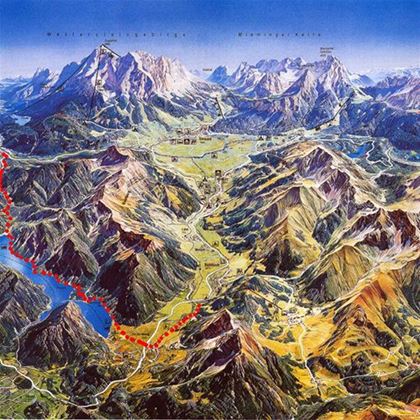 Map of the Austrian side of the tallest German mountain, Zugspitze