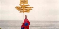 With his daughter at New Zealand’s southernmost point – the town of Bluff.