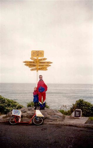 With his daughter at New Zealand’s southernmost point – the town of Bluff.